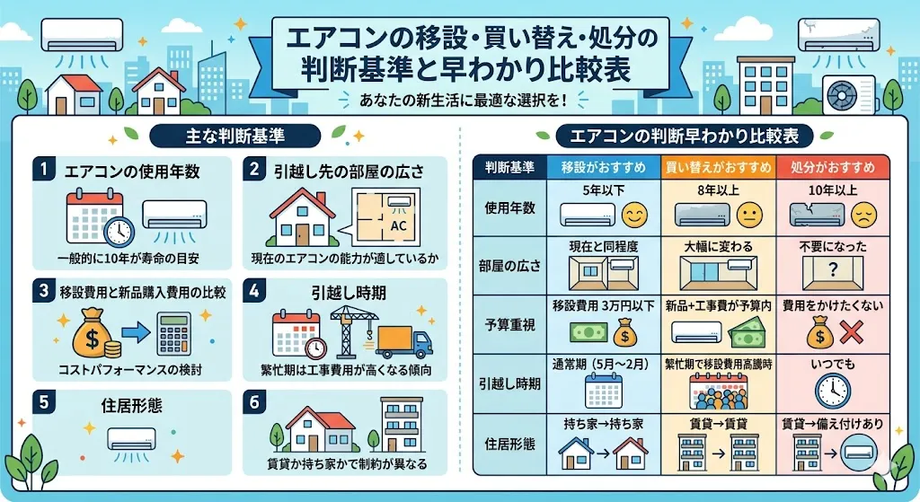 エアコンの移設・買い替え・処分の判断基準と早わかり比較表