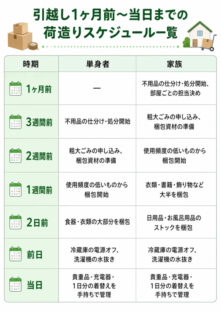 引越し1ヶ月前〜当日までの荷造りスケジュール一覧
